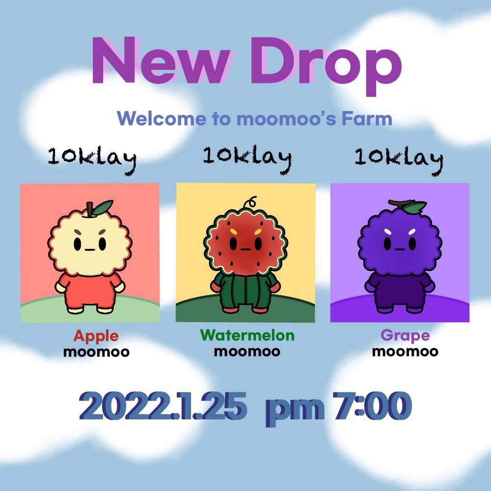 뭉게뭉게 구름 세상 속 농장🌾에서 무무들을 데리고 왔습니다☁️💙

이번에는 무무들에게 눈썹이 생겨서 더 귀여워보이지 않나요?!☁️

귀여운 무무들을 알리기 위한 무료 드랍도 곧 예정되어있습니다!! 무무들의 세상이오길!!!💙

☁️ : opensea.io/collection/kla…

#NFTartists #NFT #opensea