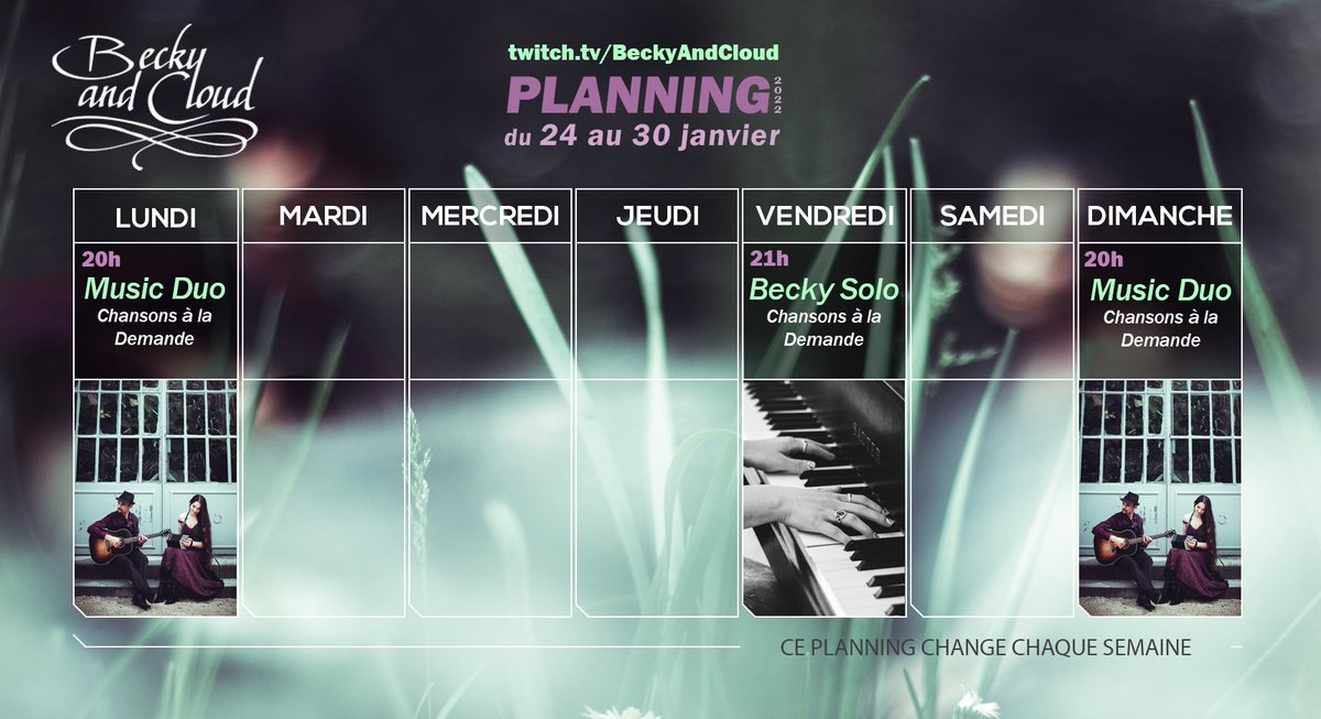 Découvrez le planning #Twitch de la semaine : 
► twitch.tv/BeckyAndCloud ◄ 
De la musique en DUO et du SOLO pour Becky ! L'occasion peut-être de refaire du #LisaGerrard si vous demandez vendredi ?😉

#twitchfr #twitchmusic #TwitchPartner #twitchstreamer