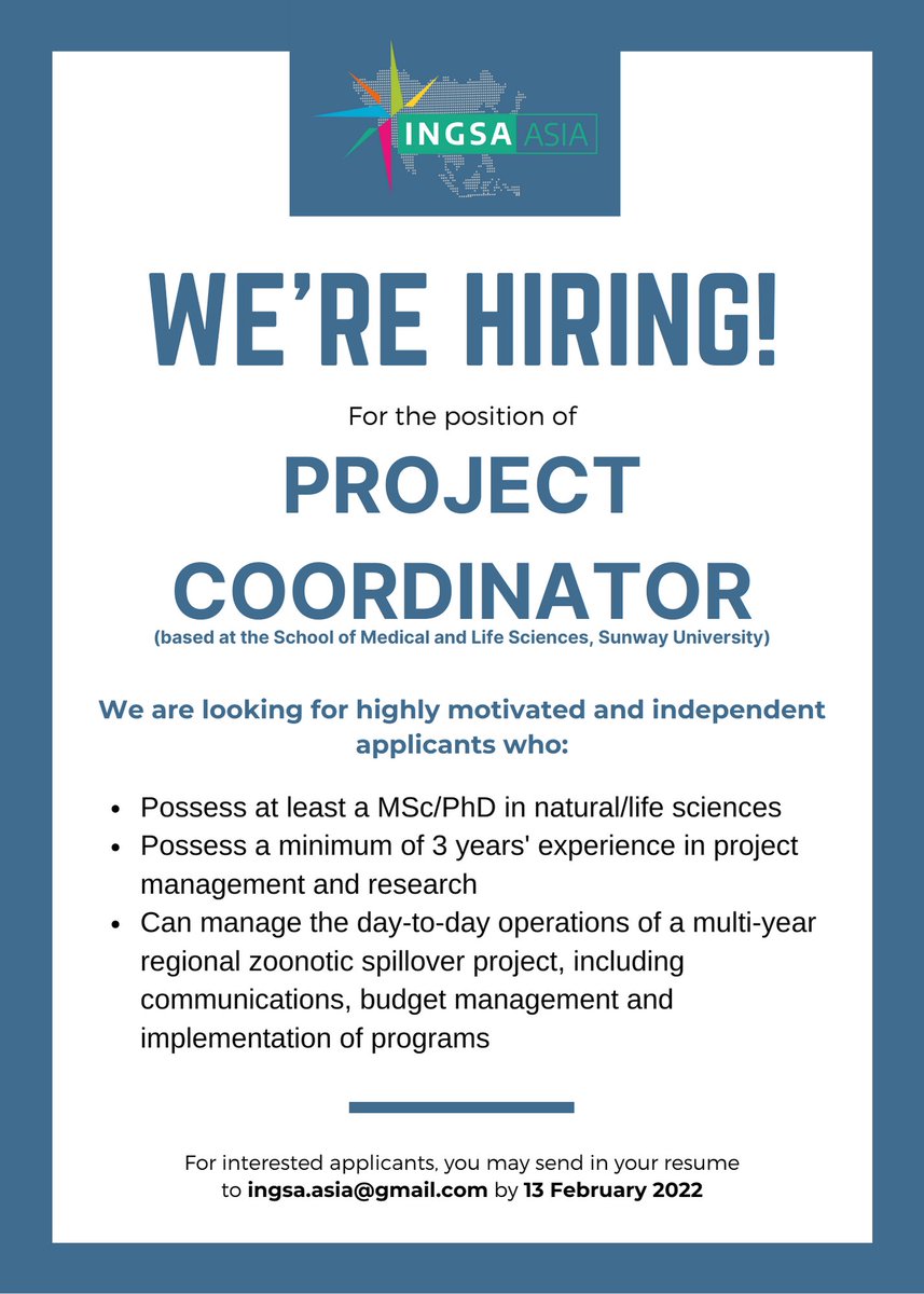 INGSciAdvice's tweet photo. [JOB OPENING]

Exciting Opportunity to join the @INGSA_Asia Team as a Project Coordinator on a new international project to counter zoonotic spillover of high consequence pathogens. #COVID19 

More details in the posters below. Apply before 13 February 2022. https://t.co/PYqNrmFyLa