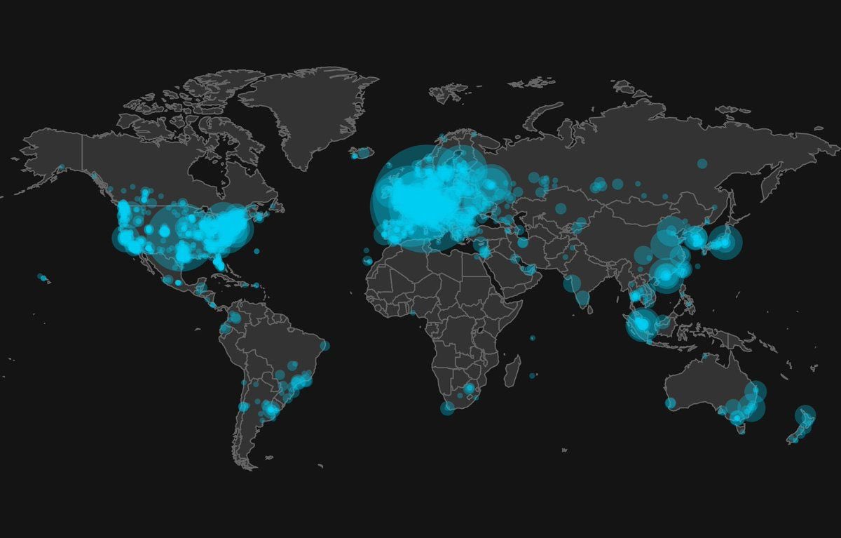 The most spectacular map of the world - a geographic distribution of the  10,000+ public #Bitcoin nodes. #Bitcoin #bnb #btc #binance #bsc #Crypto # Ethereum #BabyDogeCoin #BabyDoge #SHIB #dogecoin #NFT #Metaverse #nft  #xmine #