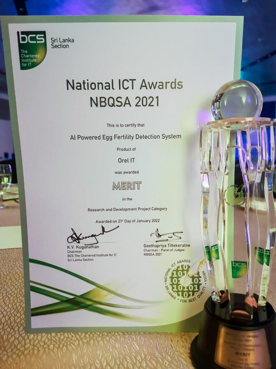 0relit's tweet photo. In recognition of the significance of our latest innovation, an AI-powered Egg Fertility Detection system, OREL IT had in fact been bestowed with a Merit award at the National ICT Awards – NBSQA 2021 held on the 21st of January,2022 at the BMICH. https://t.co/vj9WP5UI4k