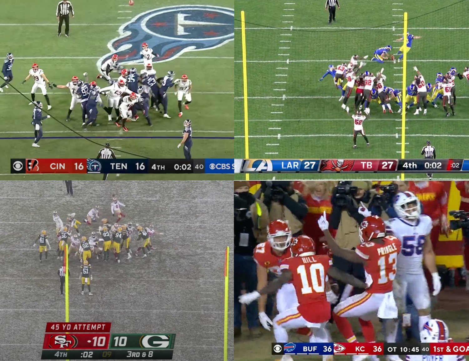 SB Nation on Twitter: "GREATEST NFL PLAYOFF WEEKEND EVER Bengals-Titans:  game-winning FG 49ers-Packers: game-winning FG Rams-Bucs: game-winning FG  Bills-Chiefs: game-winning TD in OT https://t.co/s0OLAYrF93" / Twitter