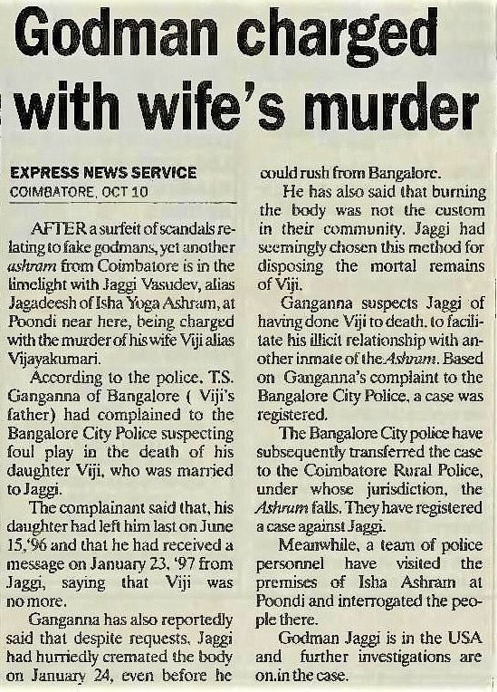 churumuri's tweet image. A small @IndianExpress reminder that on this day, 25 years ago, the mortal remains of Vijayakumari alias Viji, were allegedly consigned to flames by her husband, Jagadeesh alias Jaggi Vasudev, in a grisly demonstration of the devious dimensions of the human mind. @SadhguruJV