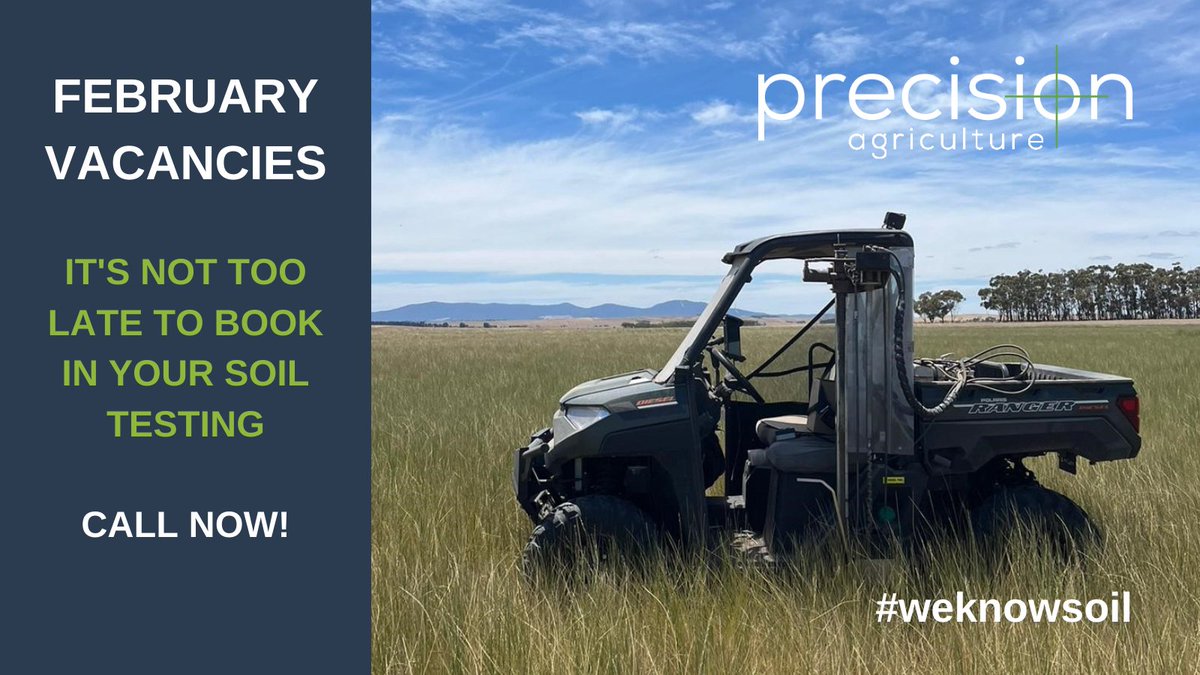 AgPrecision's tweet photo. FEBRUARY VACANCIES:
Our Field Service Technicians have been working extremely hard to fit everyone in this season.  As a result, we now have quite a few vacancies in February.  Call now to book!
#precisionagriculture #weknowsoil #Phosphorus  #VRfert #soiltesting #soilscience https://t.co/9AjInRA4Hq