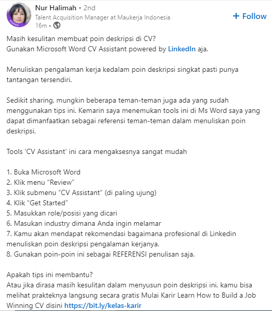 darilinkedin's tweet photo. Keren nih infonya bermanfaat banget buat building CV pake Ms. Word, mari kita cobaaa https://t.co/SDPG68z1Aq
