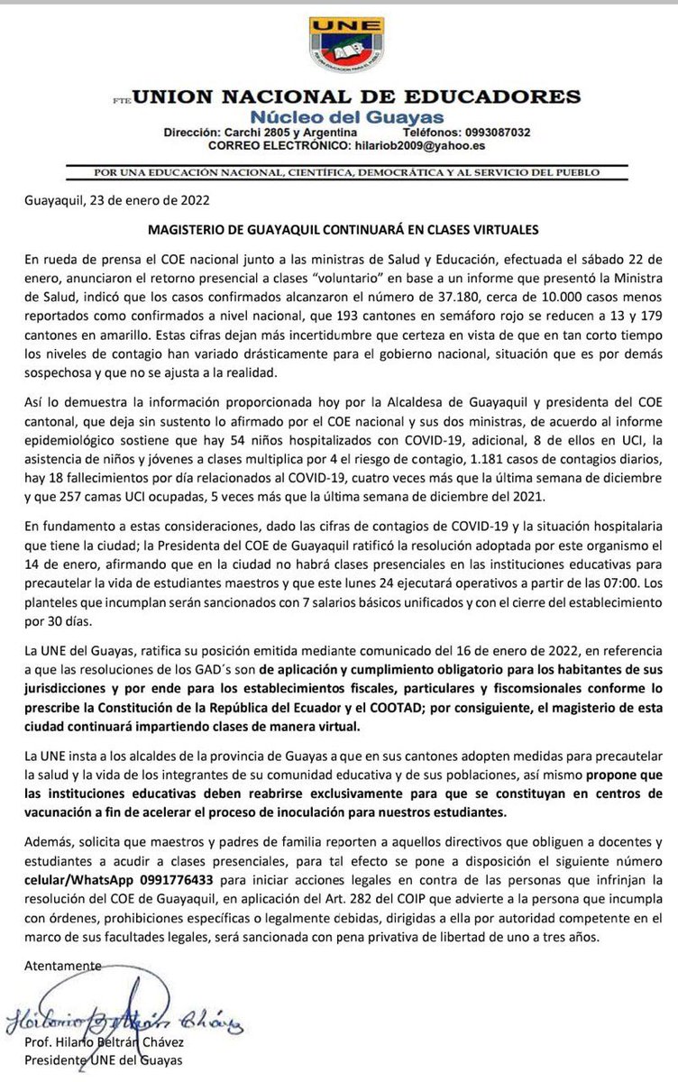 cynthiaviteri's tweet photo. LOS EDUCADORES APOYAN QUE NO EXISTAN CLASES PRESENCIALES EN GUAYAQUIL POR EL RIESGO A LOS ALUMNOS NO VACUNADOS. https://t.co/6K8b4LBK7p