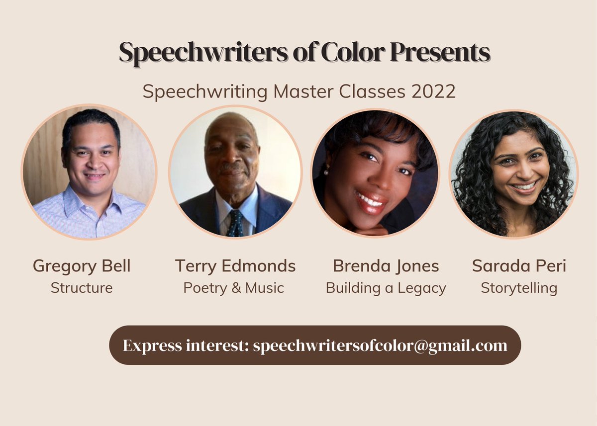 Speechwriters of Color (@speechwritersc) on Twitter photo Want to hone your writing chops w/some of the most accomplished speechwriters in the field?
We are proud to present four speechwriting workshops in 2022 to help writers of color refine skills, connections, and credentials.
Interested? Reach out: speechwritersofcolor@gmail.com. Want to hone your writing chops w/some of the most accomplished speechwriters in the field?
We are proud to present four speechwriting workshops in 2022 to help writers of color refine skills, connections, and credentials.
Interested? Reach out: speechwritersofcolor@gmail.com.