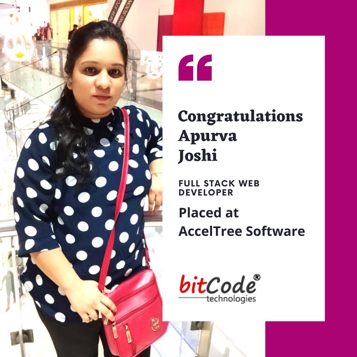 BitcodeTech's tweet image. Congratulations Apurva, for your placement at #AccelTree as #FullStackWebDeveloper. We wish you all the best!

Find details at:
bit.ly/mean-stack-tra…

#bitcode #bitcodeplacements  #meanstacktraining #fullstackwebdevelopment #meanstackplacements #meanstackjobs