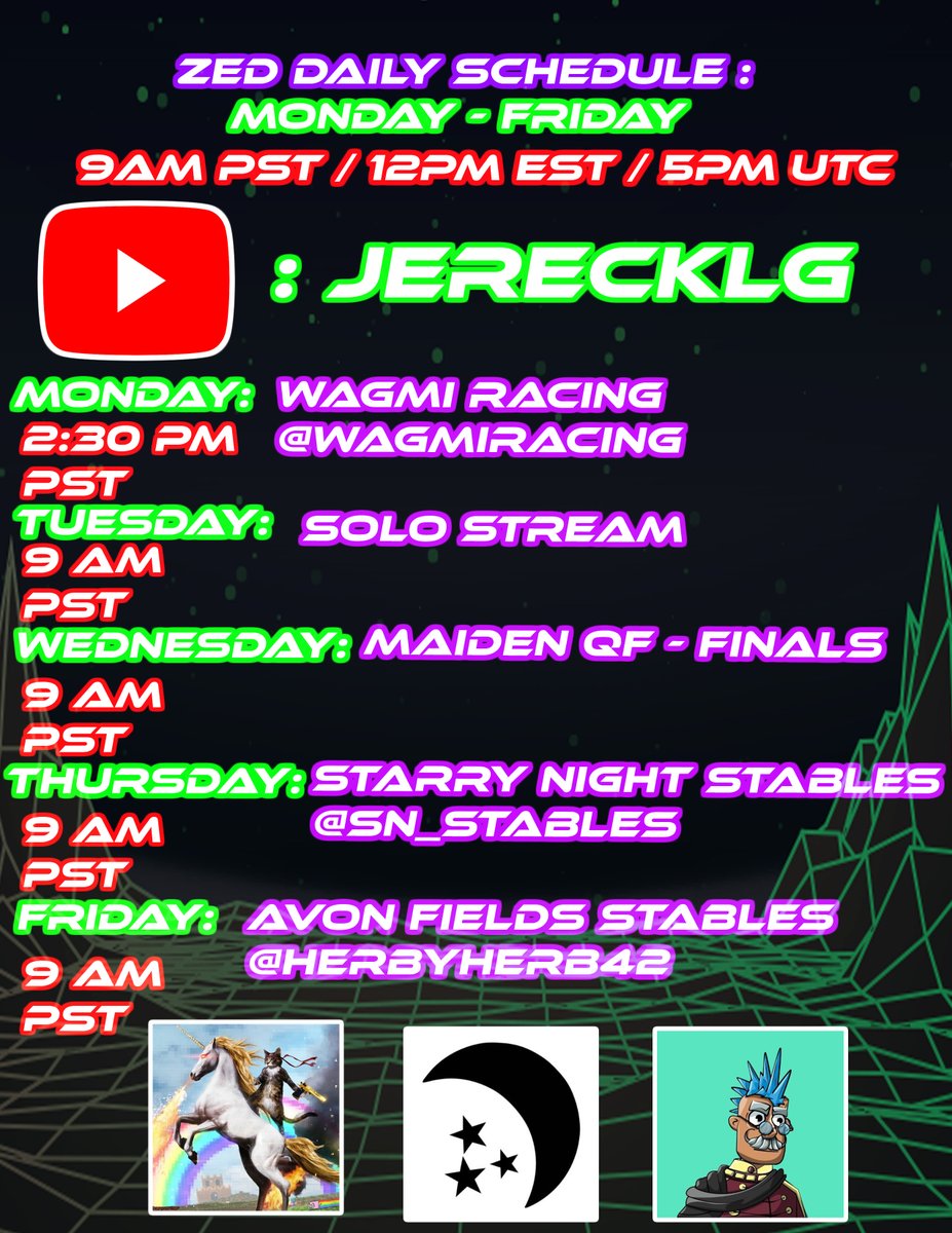 0xEvergreen's tweet photo. @ZedDailyPodcast back atcha this week with an awesome lineup of guests ready to talk all things @zed_run 🐎 @wagmiRacing @SN_Stables @HerbyHerb42, We also got some Maiden Tournament races going down this week so be sure to tune in for a good time! Live on https://t.co/JNzUFZ4ZLc https://t.co/6kmcRNG0j2