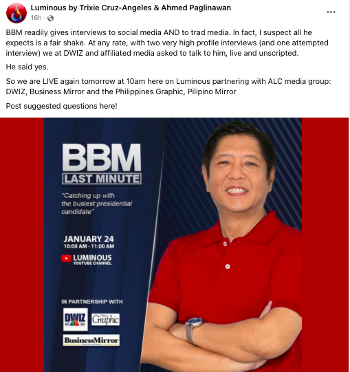 News5PH's tweet photo. Kinansela muna ang live na panayam ni presidential aspirant Bongbong Marcos sa Luminous by Trixie Cruz-Angeles &amp; Ahmed Paglinawan na ipapalabas sana sa Facebook ngayong umaga dahil sa koneksyon sa internet. 

📸: Luminous by Trixie Cruz-Angeles &amp; Ahmed Paglinawan (FB)/screenshot https://t.co/8QQQUcrKR2