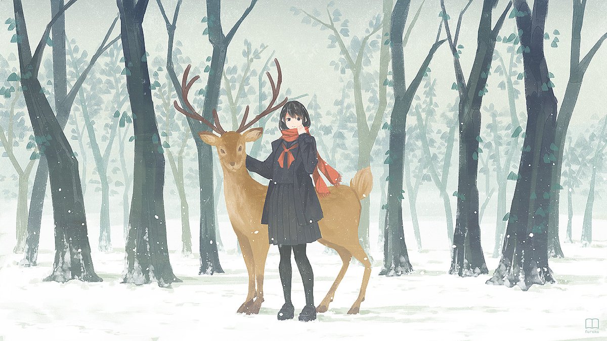 1girl scarf snow deer tree pantyhose school uniform  illustration images