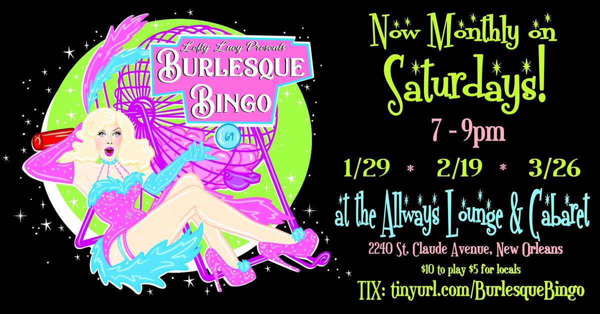 Play #BurlesqueBingo THIS SATURDAY! Play this one-of-a-kind gameshow to win prizes, see striptease, PLUS enjoy a pop-up by <a href="/SxyMeatballsNO/">Sexy Meatballs Nola</a>!
🎟️tinyurl.com/BurlesqueBingo
$10 for 3 rounds
Saturday, 1/29
Game starts at 7pm (Doors @ 6:30pm)
at the Allways Lounge #NOLA