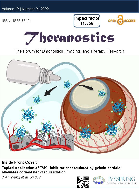 Excited to see our research led by <a href="/rickgsliu/">Guei-Sheung (Rick) Liu</a> featured on the cover of <a href="/Theranostics_J/">Theranostics</a>! Use nanoparticles to deliver the inhibitor of TAK1 to treat corneal neovascularization. thno.org/v12p0657.pdf   <a href="/EyeResearchAus/">Centre for Eye Research Australia</a>