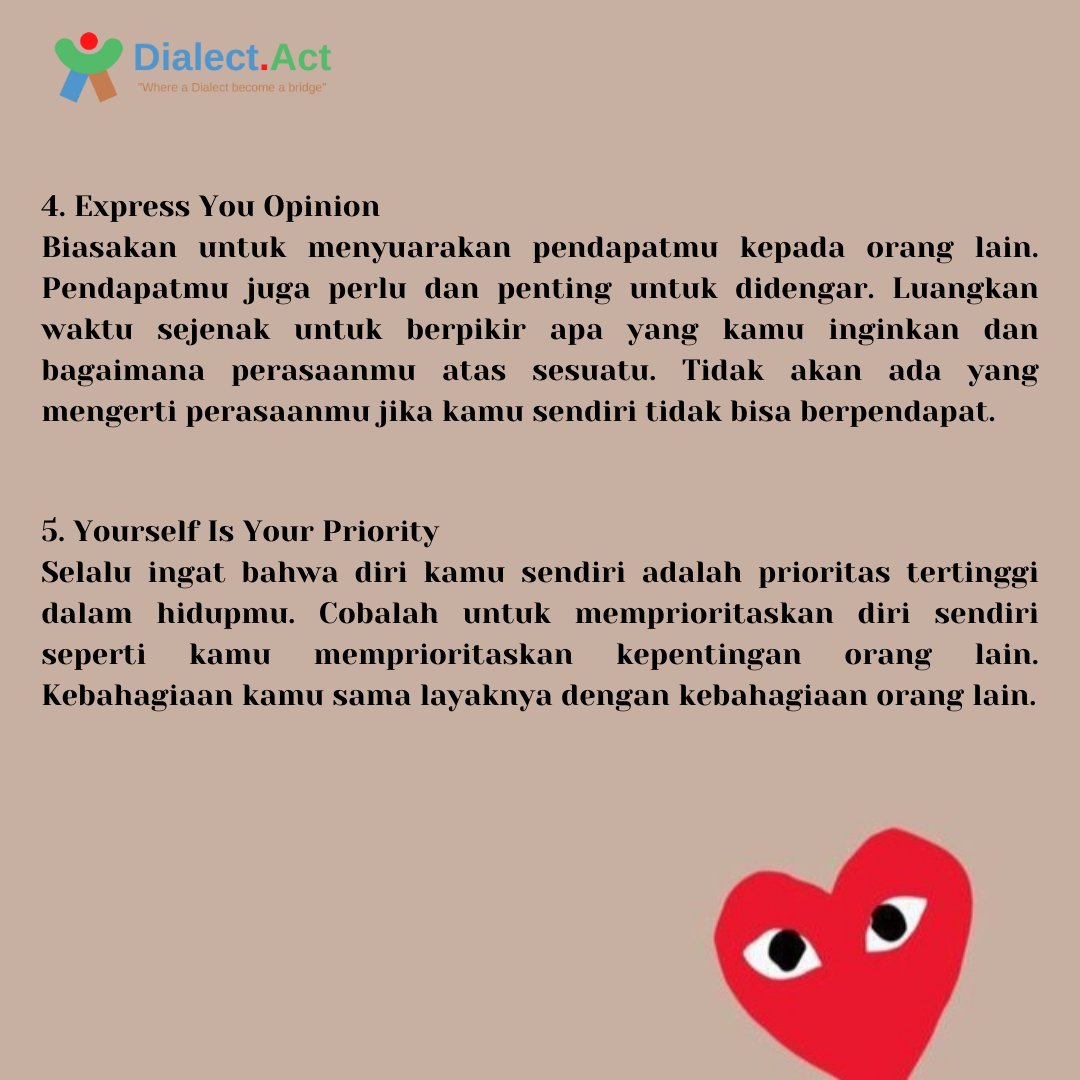 DialectAct's tweet photo. Hi, Dialectors!✨
Dialectors, apakah kalian termasuk orang yang merasa sulit untuk mengatakan “tidak” kepada orang lain? Padahal, kalian merasa tidak ingin atau sangat menolak permintaan mereka. https://t.co/8szWcyUvvq