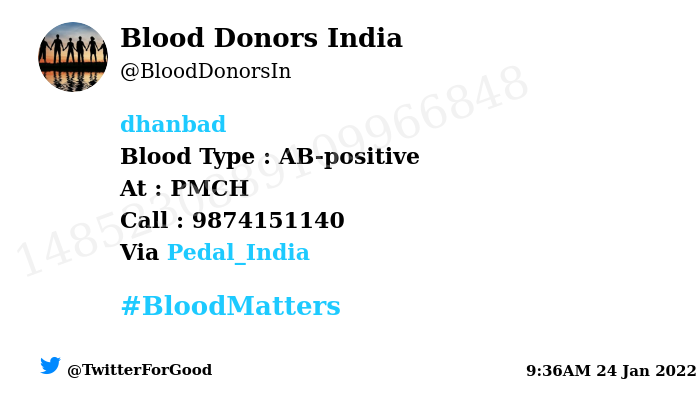 #Dhanbad
Need #Blood Type :  AB-positive
Number of Units : 2
Primary Number : 9874151140
Via: <a href="/Pedal_India/">Rahul kumawat</a>
#BloodMatters
Powered by Twitter