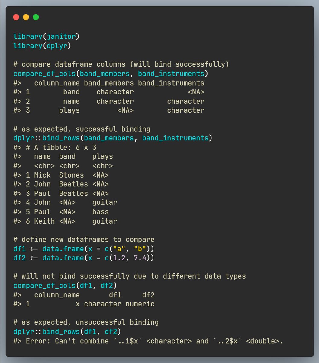If we need to bind multiple dataframes by rows, we may first wish to check if this can be done successfully.

The {compare_df_cols} function from {janitor} 📦 provides a summary of data types to check this! 🍎🍏

sfirke.github.io/janitor/refere…

#rstats #DataScience