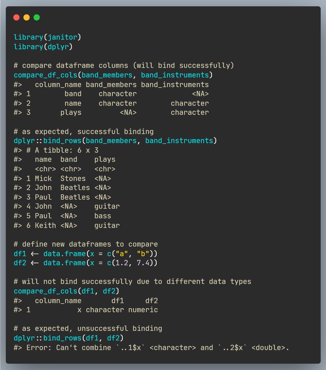 If we need to bind multiple dataframes by rows, we may first wish to check if this can be done successfully. The {compare_df_cols} function from {janitor} 📦 provides a summary of data types to check this! 🍎🍏 sfirke.github.io/janitor/refere… #rstats #DataScience