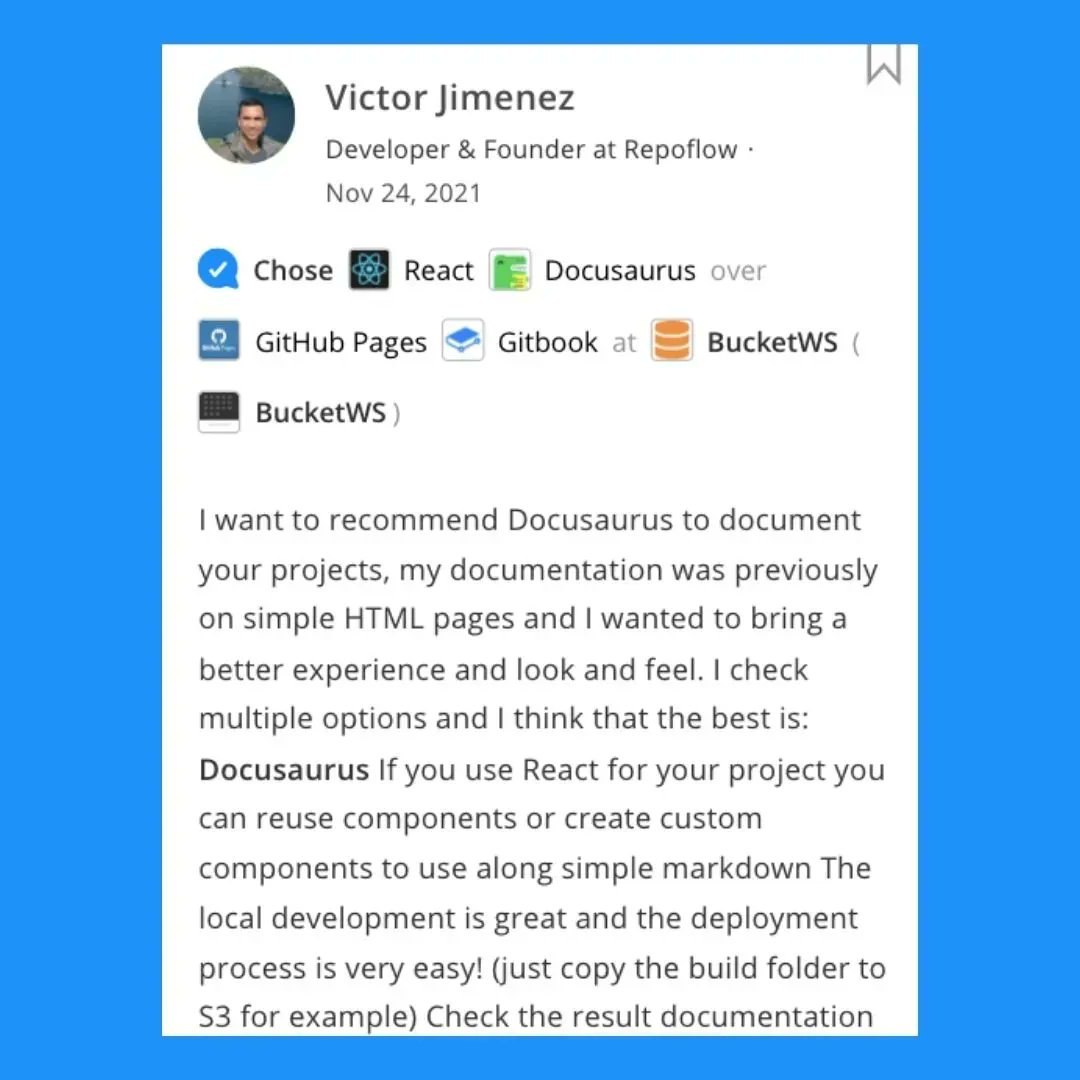 stackshareio's tweet photo. "I want to recommend @docusaurus to document your projects, my documentation was previously on simple HTML pages and I wanted to bring a better experience and look and feel." - @vicjicama of #Repoflow

https://t.co/35p7o65omr https://t.co/uyq0jZqpPP