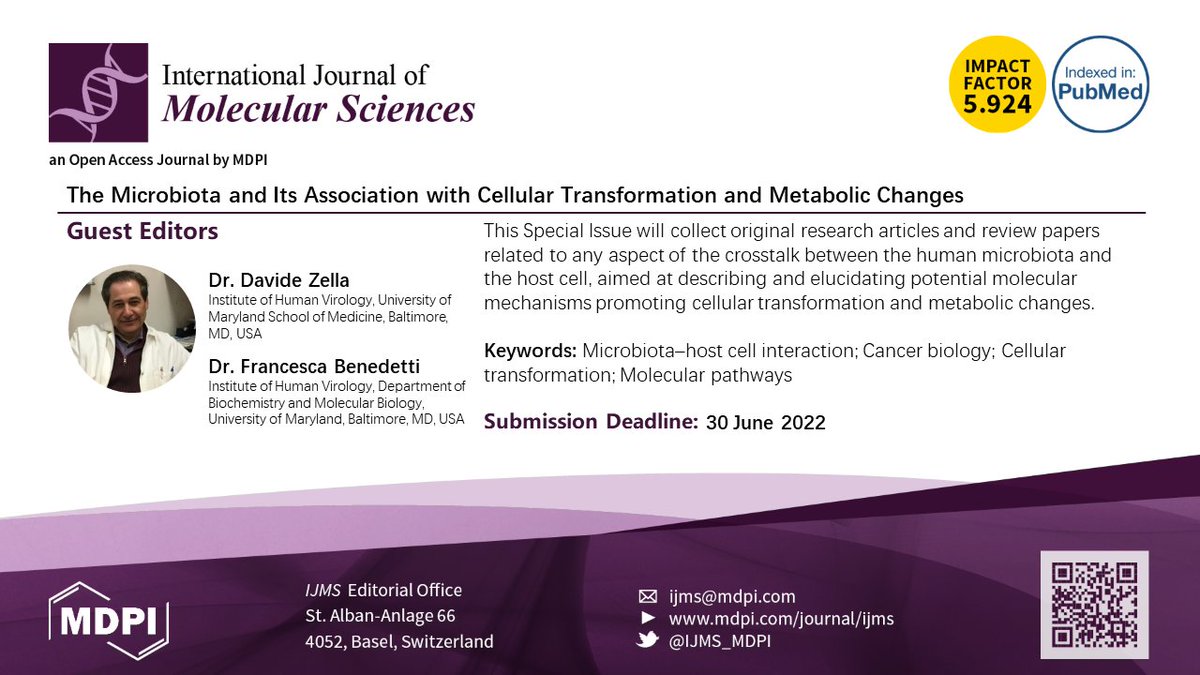IJMS_MDPI's tweet image. Dr. Davide Zella and Dr. Francesca Benedetti are leading this Special Issue "The #Microbiota and Its Association with #CellularTransformation and #Metabolic Changes" for us, check the website: mdpi.com/journal/ijms/s… and submit your publications!
#Molecular
#Cancerbiology