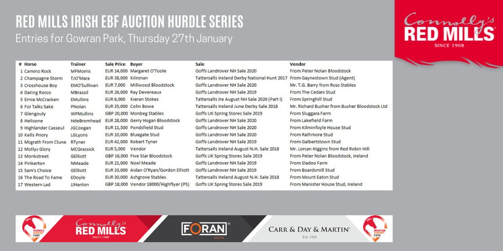 REDMILLSHorse's tweet photo. An exciting week in the #REDMILLS @IrishEBF_ Series continues at @GowranPark1 on Thursday with a maiden hurdle for lady riders on #ThyestesDay, entries:
🔴Min Auction Price: €5,000
🔴Max Auction Price: €42,000
🔴Average: €21,555
BTO: @CarrDayMartin
#FeedYourDesireToWin https://t.co/cPiVv2UI7G