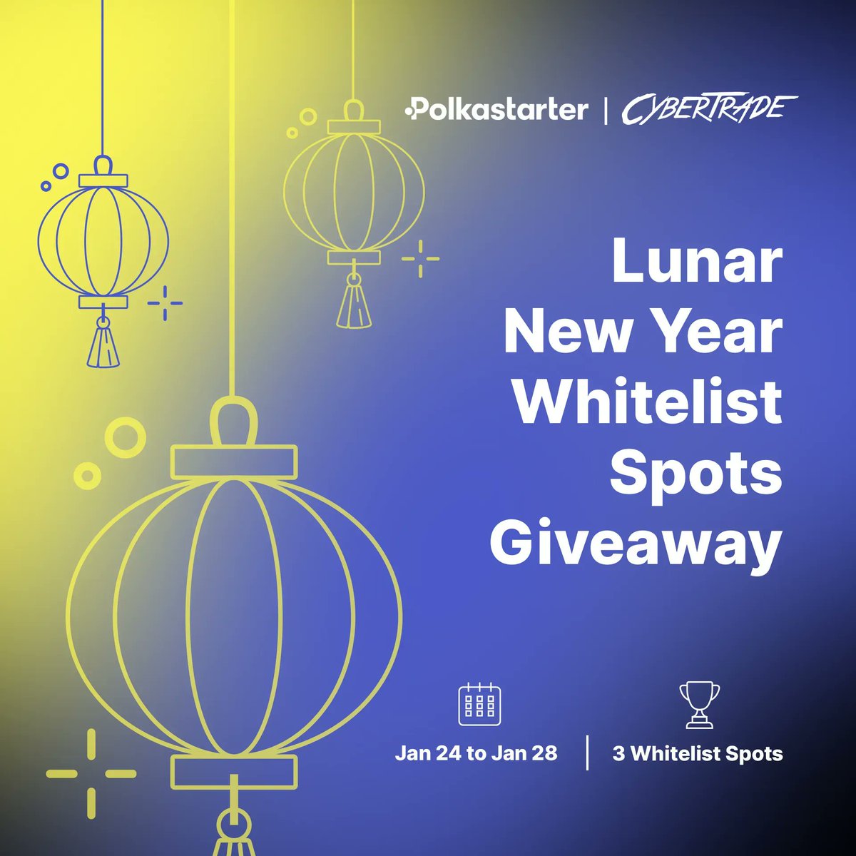 To show our appreciation for your support, @polkastarter X @CyberTradeGame  are doing a Lunar New Year Whitelist Spots Giveaway🧨🧨🧨 📅 Jan24 10AM -  Jan28 6PM UTC 🏆 3 Winners ✓ To participate,