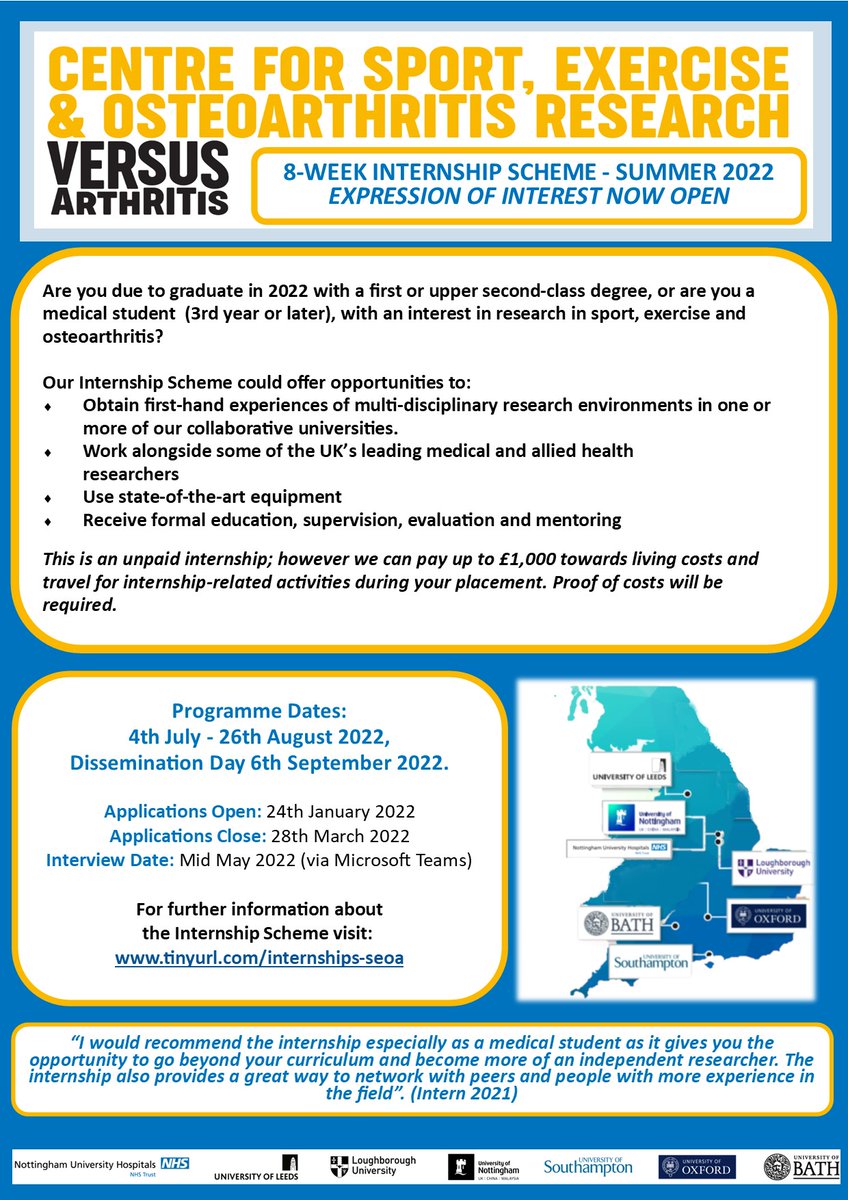 CentreforSEOA's tweet image. 👀Applications are NOW OPEN for our Summer Internship. @VersusArthritis #internship 
sportsarthritisresearchuk.org/education/inte…