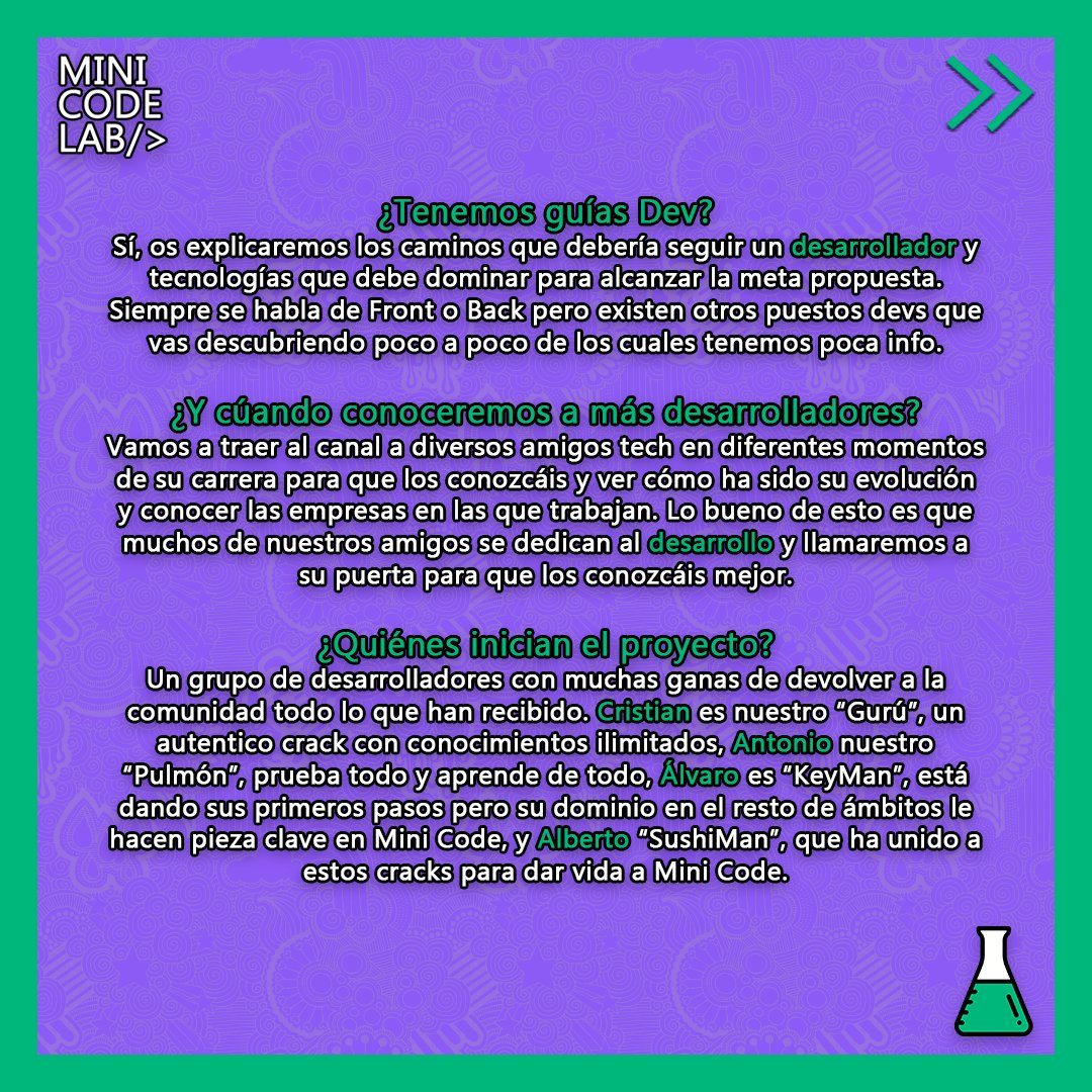 minicodelab's tweet image. ¡HOY NACE MINI CODE LAB!
Estamos orgullosos de lanzar por fin #MiniCodeLab, un lugar de encuentro de desarrolladores para desarrolladores en el que haremos directos, crearemos y divulgaremos contenido, artículos, guías y todo lo necesario para tu carrera como desarrollador/a.