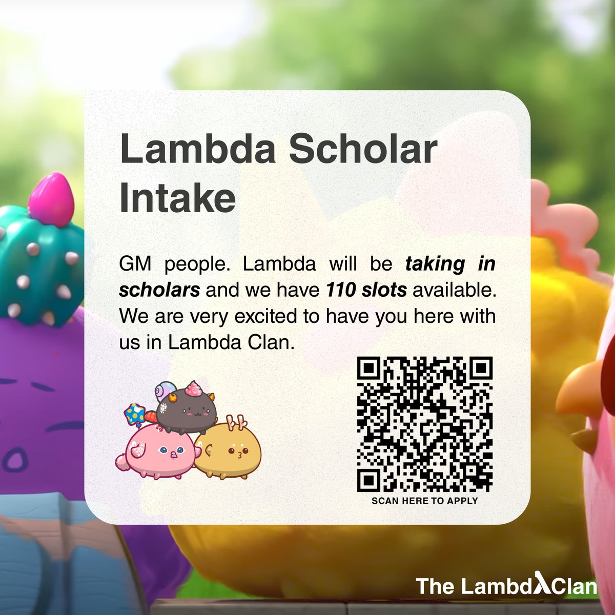 lambdaclan's tweet image. We&apos;re opening up applications for our Lambda scholarship! If you or any of your friends are looking for a scholarship, come on in! Follow the link below to fill up the application form.
bit.ly/3ArL9oW

#Lambdaclan #AxieInfinity #AxieScholarship #AxieInfinityScholarship