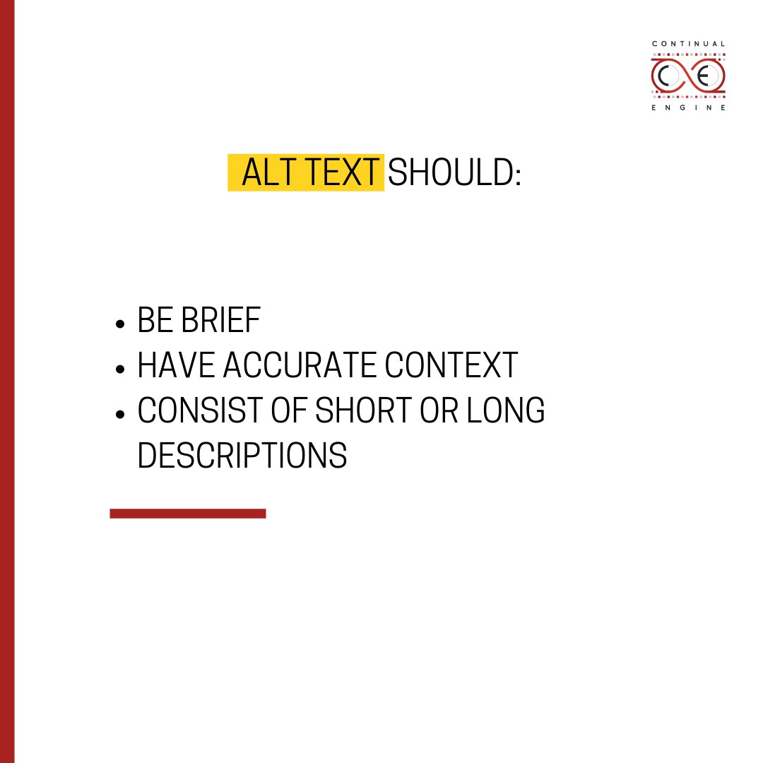 ContinualEngine's tweet photo. What is Alternate Text or Alt Text? 

#Alternatetext (#alttext) is a text equivalent description attributed to images or any form of visual representation so that users of #assistivetechnology are able to consume the content and easily navigate through it. https://t.co/cTGjZhtCz3