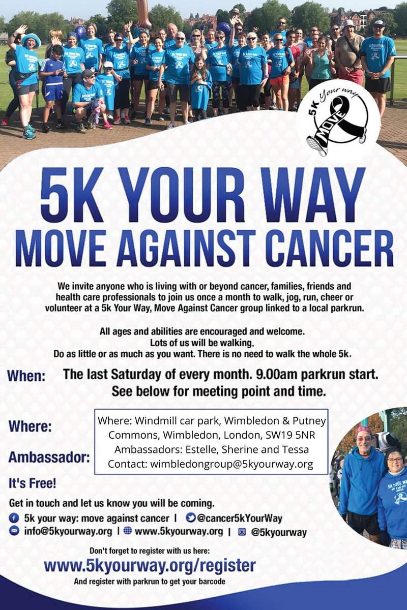 Estelley77's tweet photo. #MondayMotivation Sign up to our new @cancer5kYourWay #Wimbledon group. Walk, Jog, Run or cheer this Saturday at @wimbdonparkrun . We are very much looking forward to welcome you. For more info 👉https://t.co/B4J9eVuERt #CancerandPhysicalActivity #CancerPrehab #CancerRehab #LWBC https://t.co/63EdrTXyus