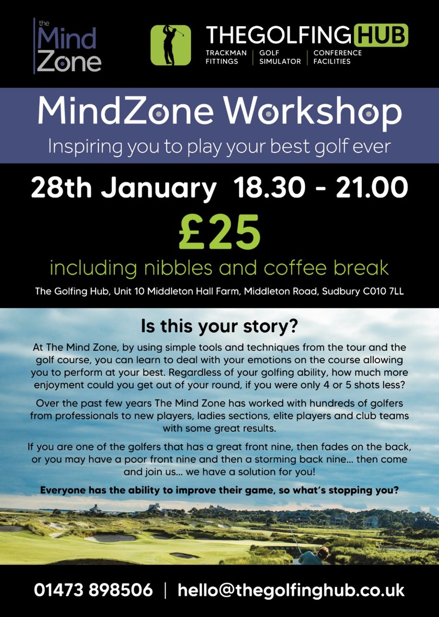 💥 The secret of course, is how to do that. 

👉🏼 So come along to the Mind Zone session this Friday <a href="/thegolfinghubuk/">The Golfing Hub</a> to learn hints and tips to ultimately save you shots! 

Call 01473 898506 or email hello@thegolfinghub.co.uk for your ticket.

#Mindset #Mindzone #Suffolk #Essex