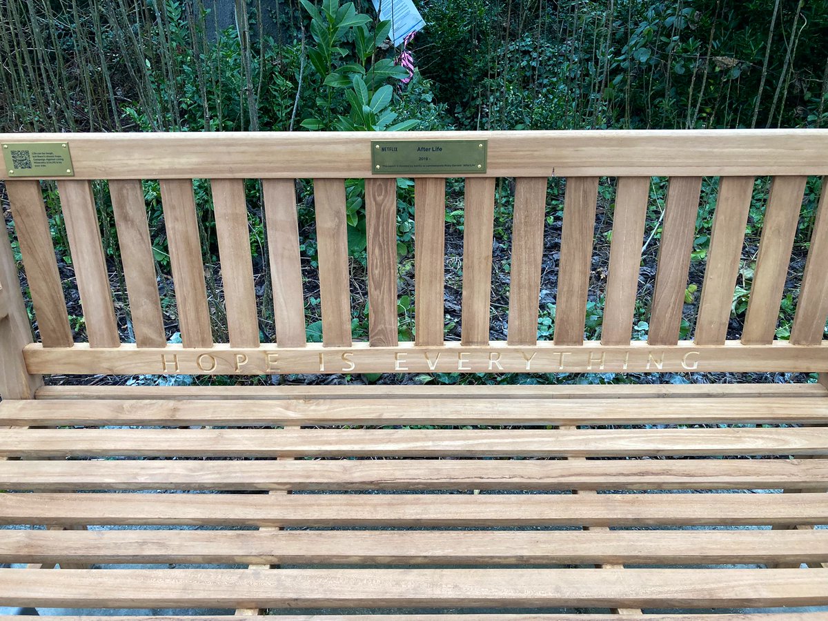 twickerati's tweet photo. New #Afterlife bench by the river in York House Gardens, Twickenham from @theCALMzone and @netflix complete with QR link to the CALM charity. https://t.co/TjPRbn0N5L