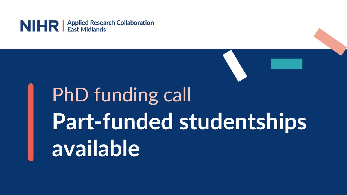 We are pleased to announce 4 part-funded #PhD studentship awards in applied health #research.

To commence by Autumn 2022 at an #EastMidlands University. Awards will be made at 50% UKR&amp;I Home/EU rates and require top-up match-funding.

🔗bit.ly/3fK1jAm

Apply by 19.04.22