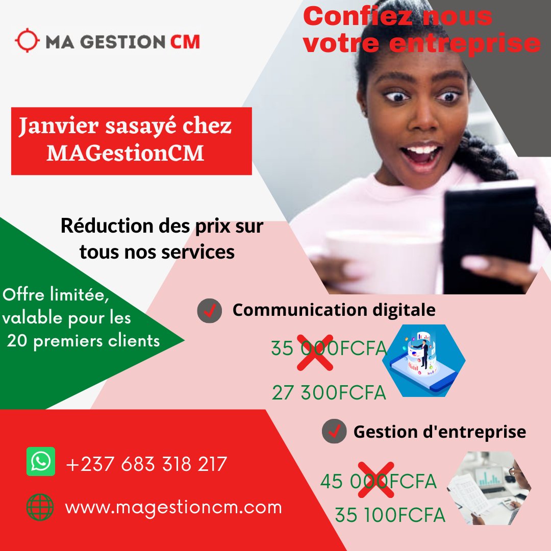 CMagestion's tweet photo. Venez profiter de la promo exceptionnelle chez Magestioncm.
👍 Gestion d'entreprise à 35 100 FCFA au lieu de 45 000FCFA
👍Communication digitale à 27 300FCFA au lieu de 35000FCFA 
Plusieurs nous ont fait confiance, qu' attendez vous?
☎️Contact :683 318 217
#excellentesemaine https://t.co/489kAygIE2