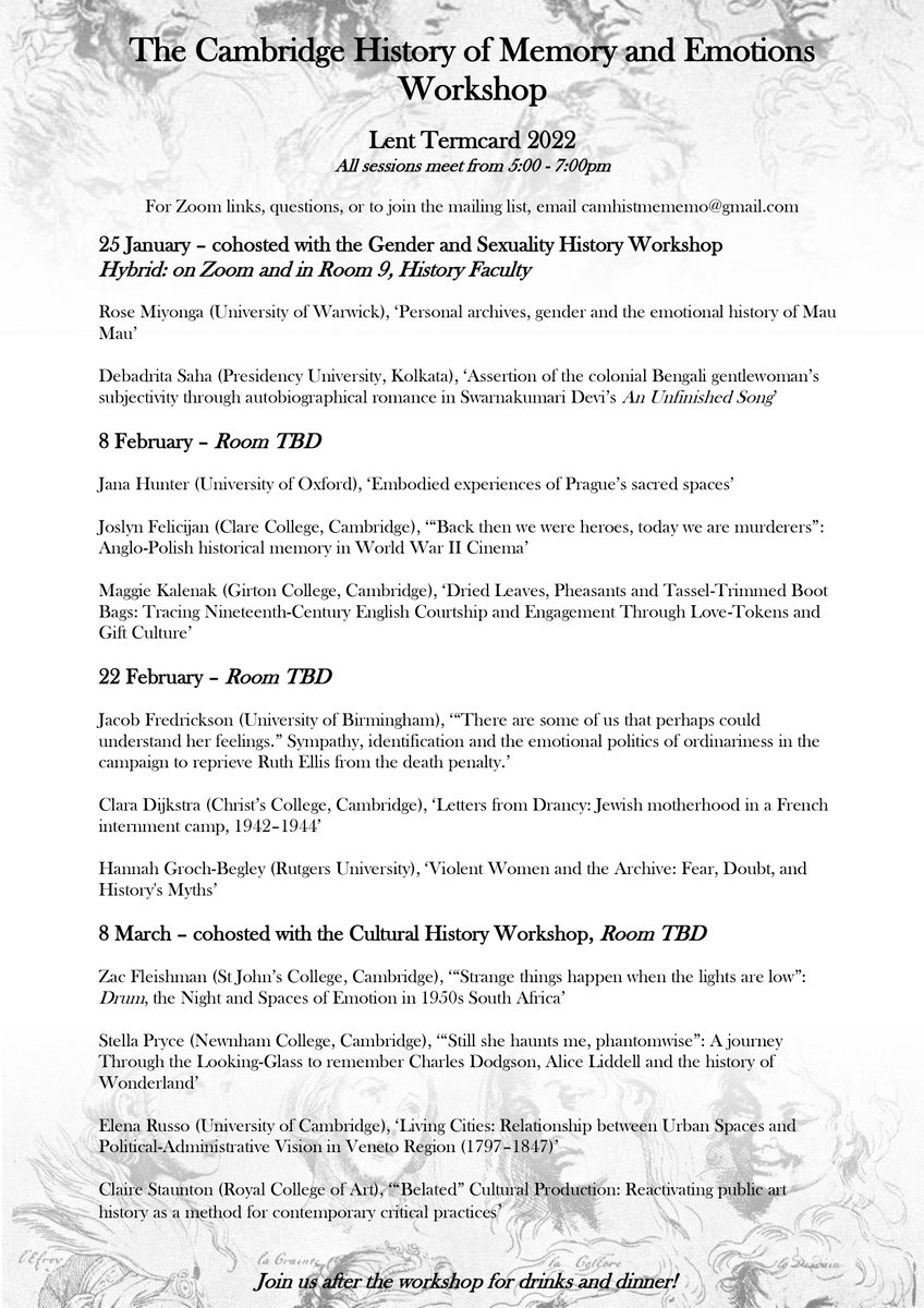 Cambridge History of Memory and Emotions Workshop (@histmememo) on Twitter photo LENT TERMCARD OUT NOW!
We have such an exciting line-up for this term, with two sessions co-hosted with <a href="/CamGendSexHist/">Cambridge Gender and Sexuality History Workshop</a> and <a href="/CamCulturalHist/">Cambridge Cultural History Workshop</a>!
Join us *tomorrow* to hear papers from the brilliant <a href="/RMiyonga/">Rose Miyonga</a> and @Debadrita99!
On Zoom and in Cambridge History Faculty, Room 9. LENT TERMCARD OUT NOW!
We have such an exciting line-up for this term, with two sessions co-hosted with <a href="/CamGendSexHist/">Cambridge Gender and Sexuality History Workshop</a> and <a href="/CamCulturalHist/">Cambridge Cultural History Workshop</a>!
Join us *tomorrow* to hear papers from the brilliant <a href="/RMiyonga/">Rose Miyonga</a> and @Debadrita99!
On Zoom and in Cambridge History Faculty, Room 9.