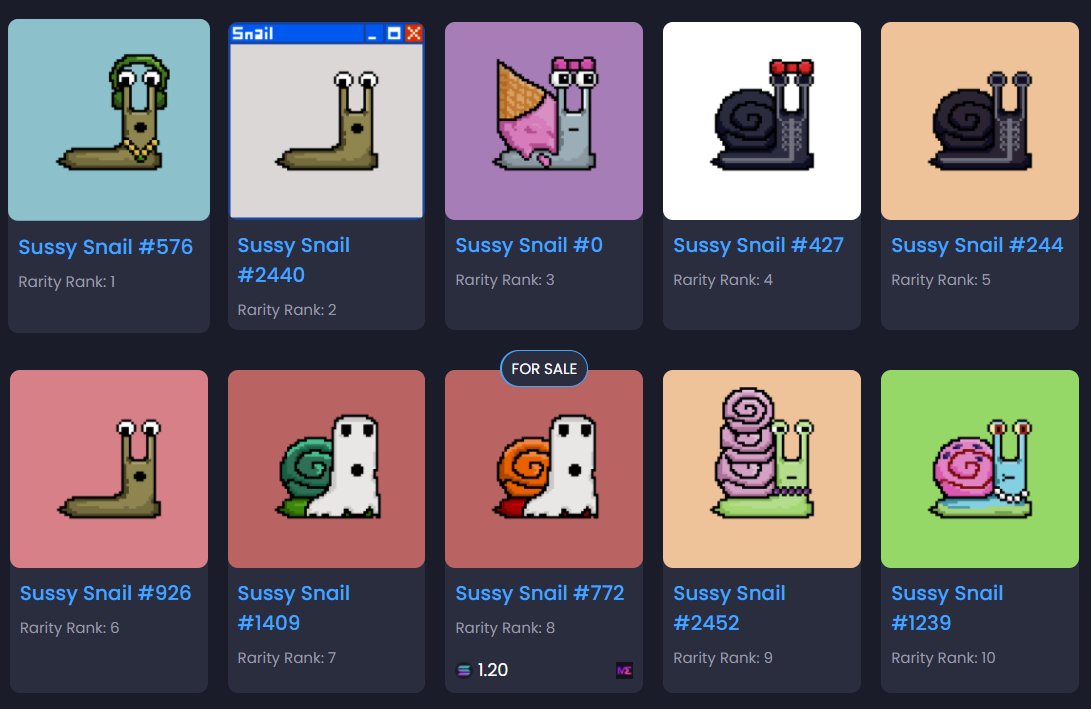 Go check out the correct ranking of our Sussy Snails!

Thank you NFTSniper! 🐌😊

#Solana #SolanaNFTs #NFTs #NFTCommunity #NFTProject #snailtrail

nftsniper.net/collection/sol…