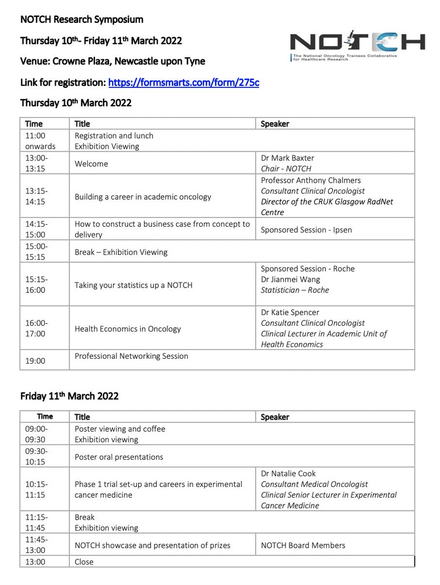The <a href="/onctrainees/">National Oncology Trainees Research Collaborative</a> Research Symposium is going ahead face to face! 

10-11th March, 2022
Newcastle upon Tyne
£50 for the 2 days
Trainees at any stage are welcome 👍

Link for registration: formsmarts.com/form/275c