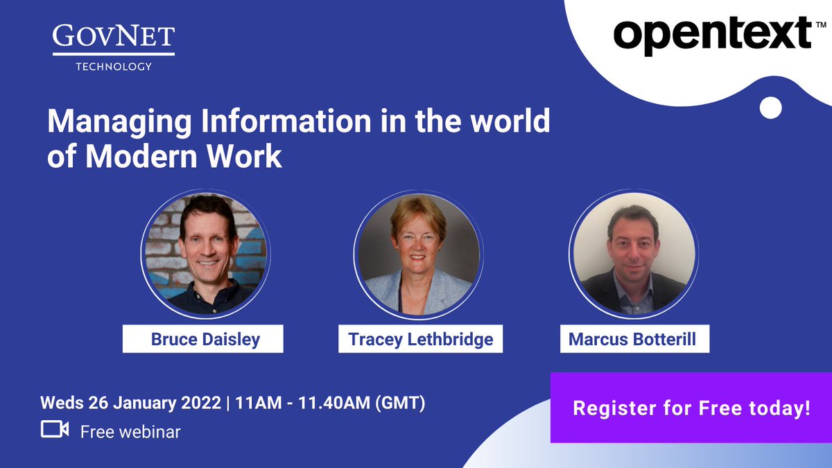 This week we welcome

💥Tracey Lethbridge, <a href="/OpenText/">OpenText</a>
💥<a href="/brucedaisley/">Bruce Daisley</a>, Former Vice President of Twitter
💥Marcus Botterill, <a href="/OpenText/">OpenText</a>

on Wed 26th January for the "Managing Information in the World of Modern Work" webinar.

Few spots remain: hubs.la/Q010Zjrv0