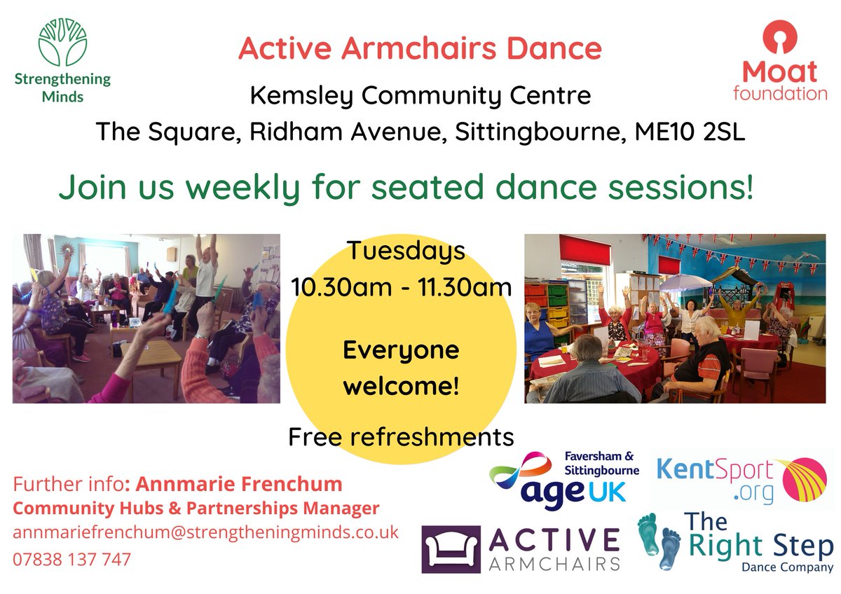 Join us for the #sittingbourne Active Armchairs Project!  <a href="/The_Right_Step/">The Right Step Dance</a> are delivering 6-months of weekly seated dance sessions, for everyone aged 55+
To register for the FREE sessions, please click on the link below:
form.jotform.com/220114811224338
<a href="/MoatFoundation/">Moat Foundation</a> <a href="/StrMinds/">Strengthening Minds</a> <a href="/moathomes/">Moat</a>