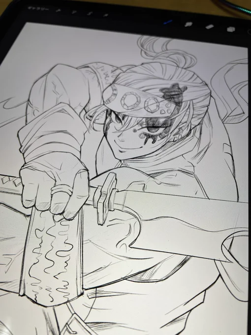 昨日の戦闘シーンとかヤバかった!笑
かっけー!!!の勢いで描いて線画大体出来た!!
色塗りと背景どんな感じしよう🤔 