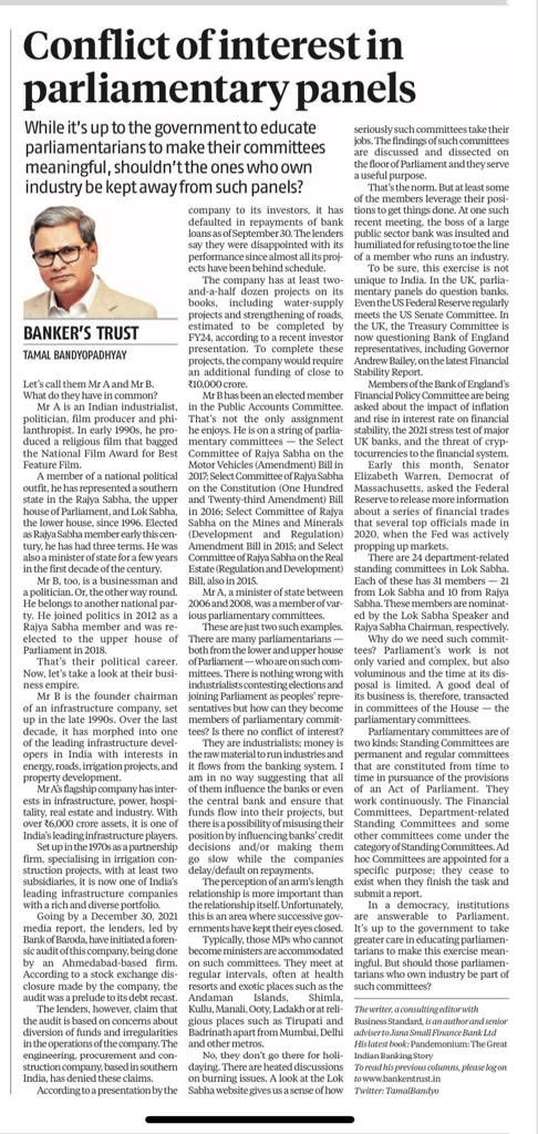 TamalBandyo's tweet photo. Yes Parliamentary panels are important. In a democracy, institutions are answerable to Parliament. But shouldn’t Govt keep in mind conflict of interest while choosing members of such panels? Not all but some are misusing powers blatantly. My #Bankerstrust in ⁦@bsindia⁩ https://t.co/JLqzOLCRFu