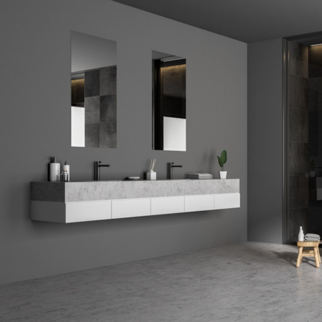 Chic and minimal vanity design help you spend a luxurious, relaxing evening at your home. When clubbed with a mirrored wall, it portrays a lavish feel to the entire space.

#kuche7 #bathroomdesign #bathroomvanity #vanityorganization