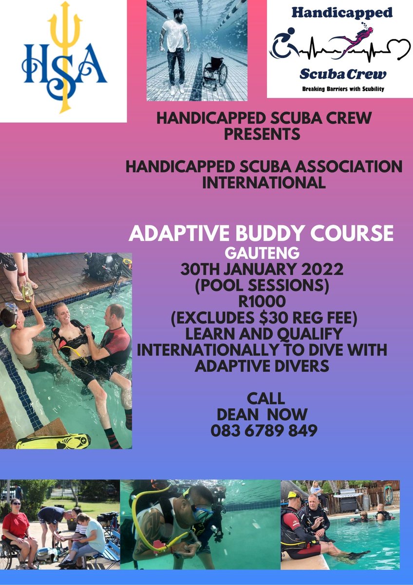 DeanConde's tweet photo. We will be teaching our first JHB Course for the year !!
Adaptive Buddy Course 
Only R1000 excluding HSA reg fee
Sunday 30th Jan 2022
Contact me now to book your spot !
Pool sessions Douglasdale this Sunday 
Open Water training dives Miracle Waters after that https://t.co/IZqKn7Jf1d