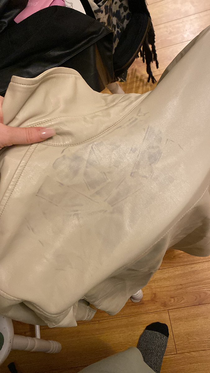 thebellastclair's tweet photo. Hey @ARITZIA I had my cream Babaton Ava jacket under my black Pelli skirt and this happened.. any suggestions?? Dry cleaners can’t fix it. Wouldn’t think one of ur products would damage the other https://t.co/EexAsU9E4j