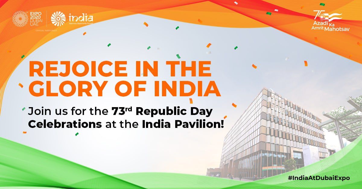 IndiaExpo2020's tweet photo. Visit the #IndiaPavilion at @expo2020dubai on the occasion of 73rd Republic Day to commemorate the date - 26th January 1950, when the Constitution of India came into effect.

For all the updates, keep following us: https://t.co/aN4EXbWxNA

#IndiaAtDubaiExpo #Expo2020Dubai https://t.co/9EJ6LsfUhh