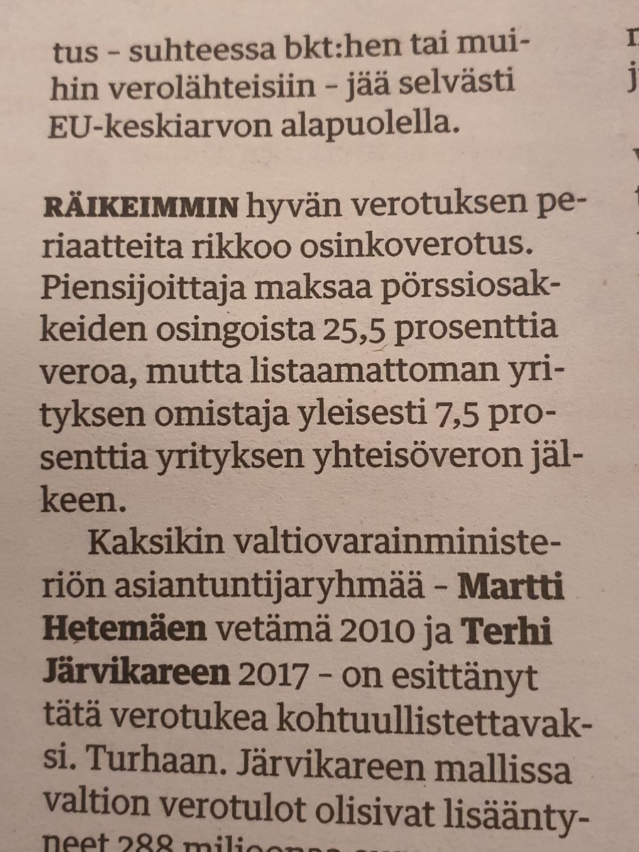 Poliitikot valikoivat verotuksen faktoja.

<a href="/TimoHarakka/">Timo Harakka 🏳️‍🌈🇫🇮🇺🇦 💚 Äänekosken Huima</a> ei halua debatissaan mainita, että 7,5 %:n sääntö koskee 8 %:ia Oy:n matemaattisesta arvosta. Oy:n 100.000 euron arvolla veroedullista osinkoa saa 7.500e, loppu on 75%:sti ansiotuloa. Lisäksi Oy itse maksaa 20 %.