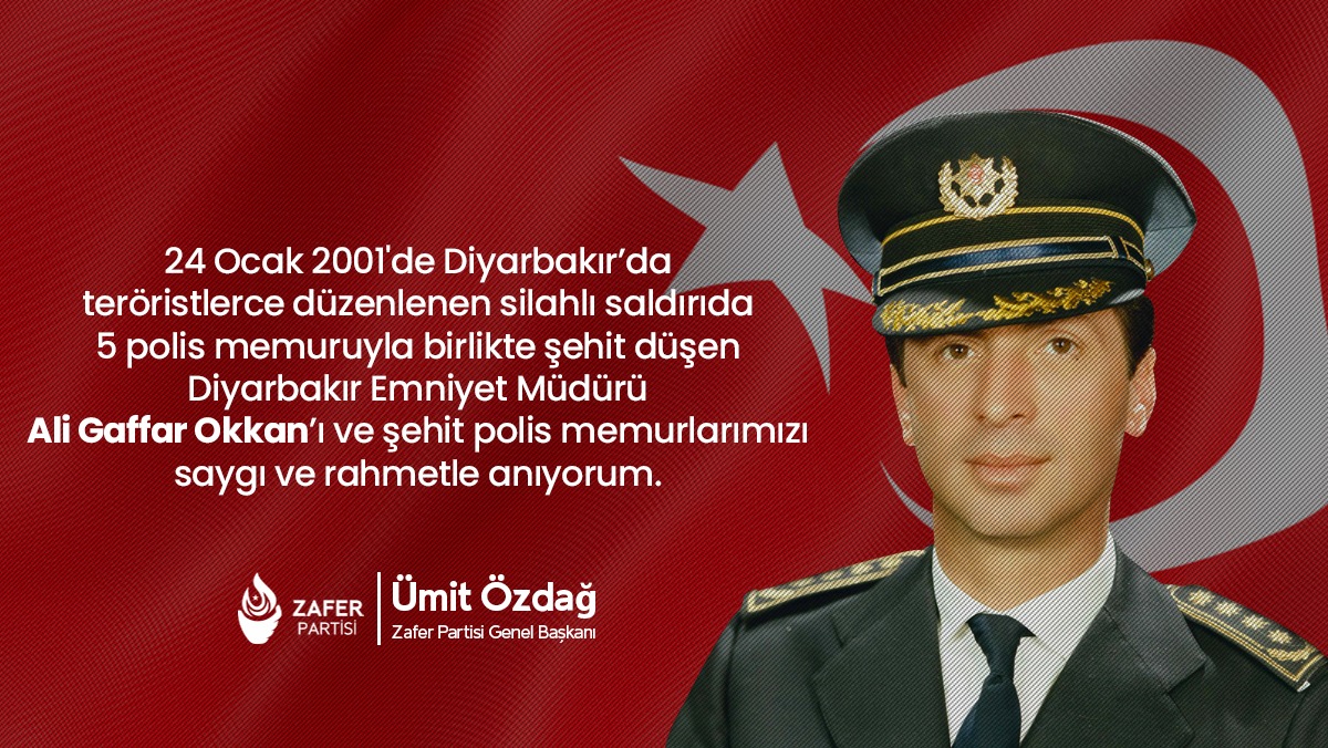 24 Ocak 2001'de Diyarbakır’da teröristlerce düzenlenen silahlı saldırıda 5 polis memuruyla birlikte şehit düşen Diyarbakır Emniyet Müdürü Ali #GaffarOkkan’ı ve şehit polis memurlarımızı saygı ve rahmetle anıyorum.