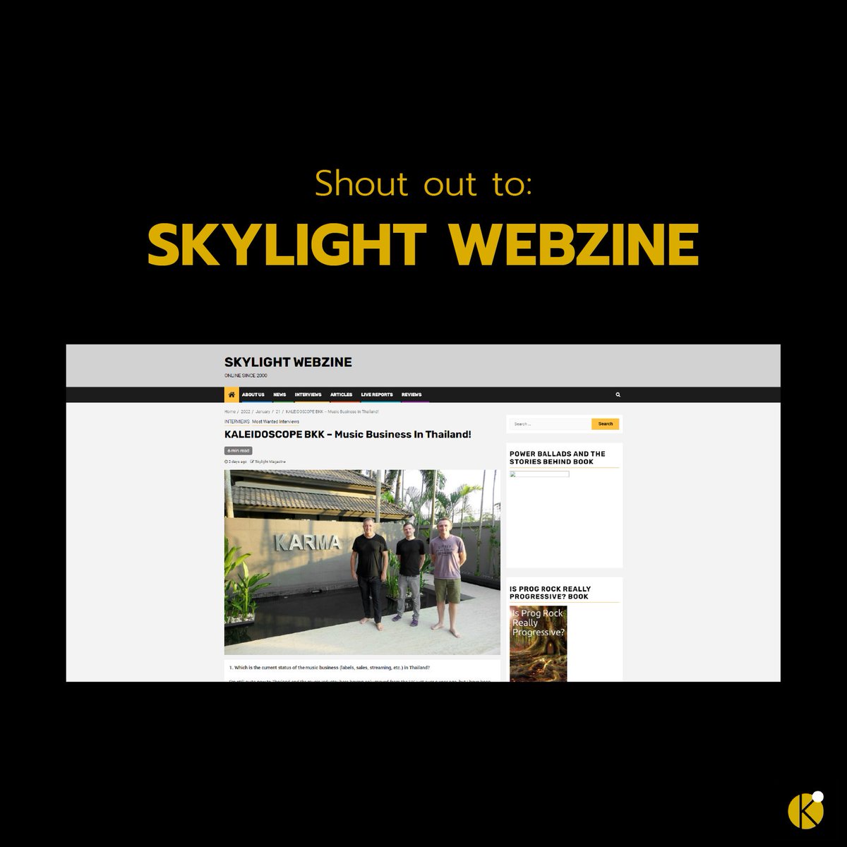 ขอบคุณทาง Skylight Webzine ที่สนใจในค่ายของเรา สามารถอ่านรายละเอียดและเป้าหมายของค่ายเราได้ที่นี่เลย

Huge thank you to Billy Yfantis of Skylight for interviewing Andy Haggerstone about new venture Kaleidoscope BKK!

Interview with Skylight Webzine: skylight.gr/index.php/2022…