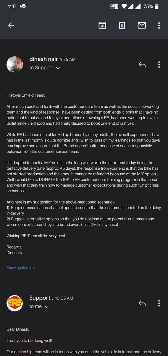 Dannyssss's tweet photo. @royalenfield customer care team takes it one step higher, automates escalation mails showing customers are not the kings, they are #pathetic #disgusted #saynotoroyalenfield https://t.co/5Tj7aYeJjR
