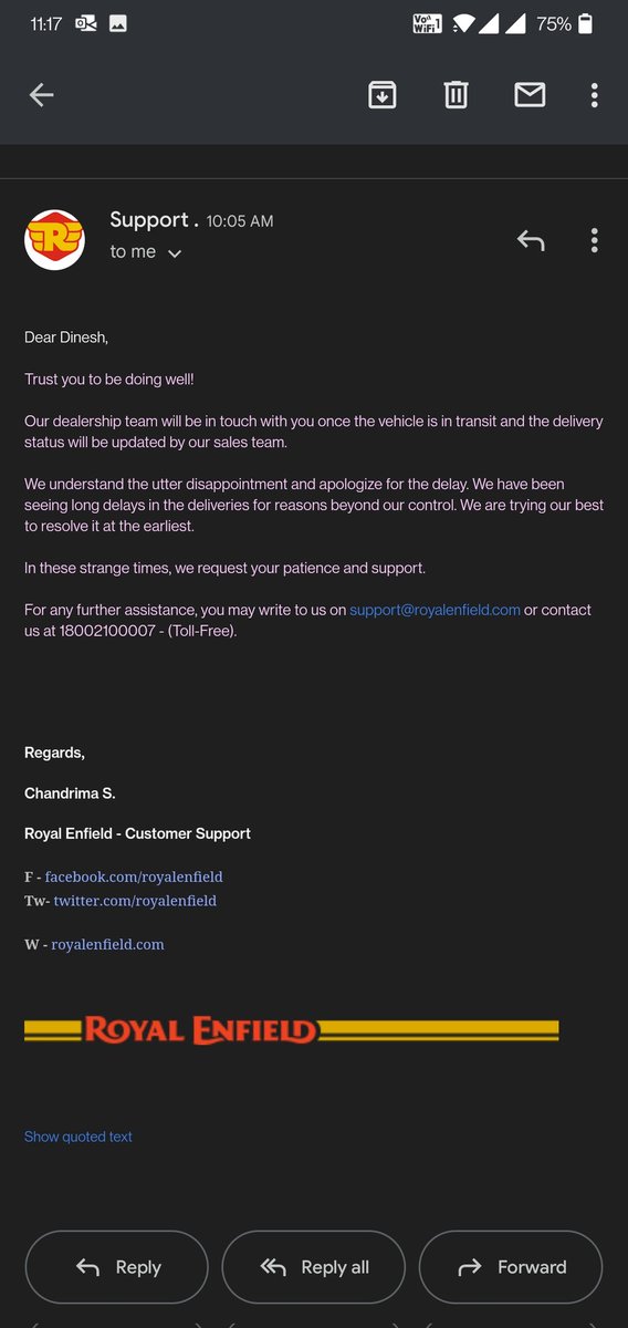 Dannyssss's tweet photo. @royalenfield customer care team takes it one step higher, automates escalation mails showing customers are not the kings, they are #pathetic #disgusted #saynotoroyalenfield https://t.co/5Tj7aYeJjR